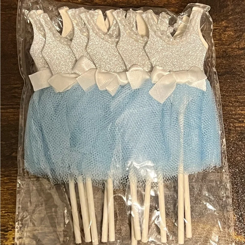 Blue Silver Ballerina Tutu Cake Topper for Girl Birthday Centerpiece Pack of 12